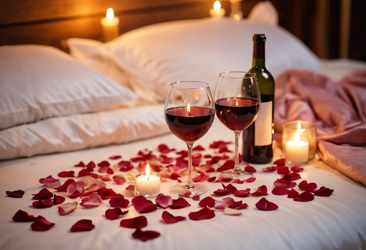 An intimate setting featuring softly lit candles, luxurious silk sheets, and delicate rose petals scattered around a plush bed. A couple is gently leaning towards each other, exchanging shy smiles, with soft shadows adding an air of mystery. Artfully placed wine glasses and a bottle on a nearby table complement the romantic atmosphere. The background should convey warmth and allure, inviting the viewer into a world of sensuality and connection. super-realistic. vibrant colors. soft focus.