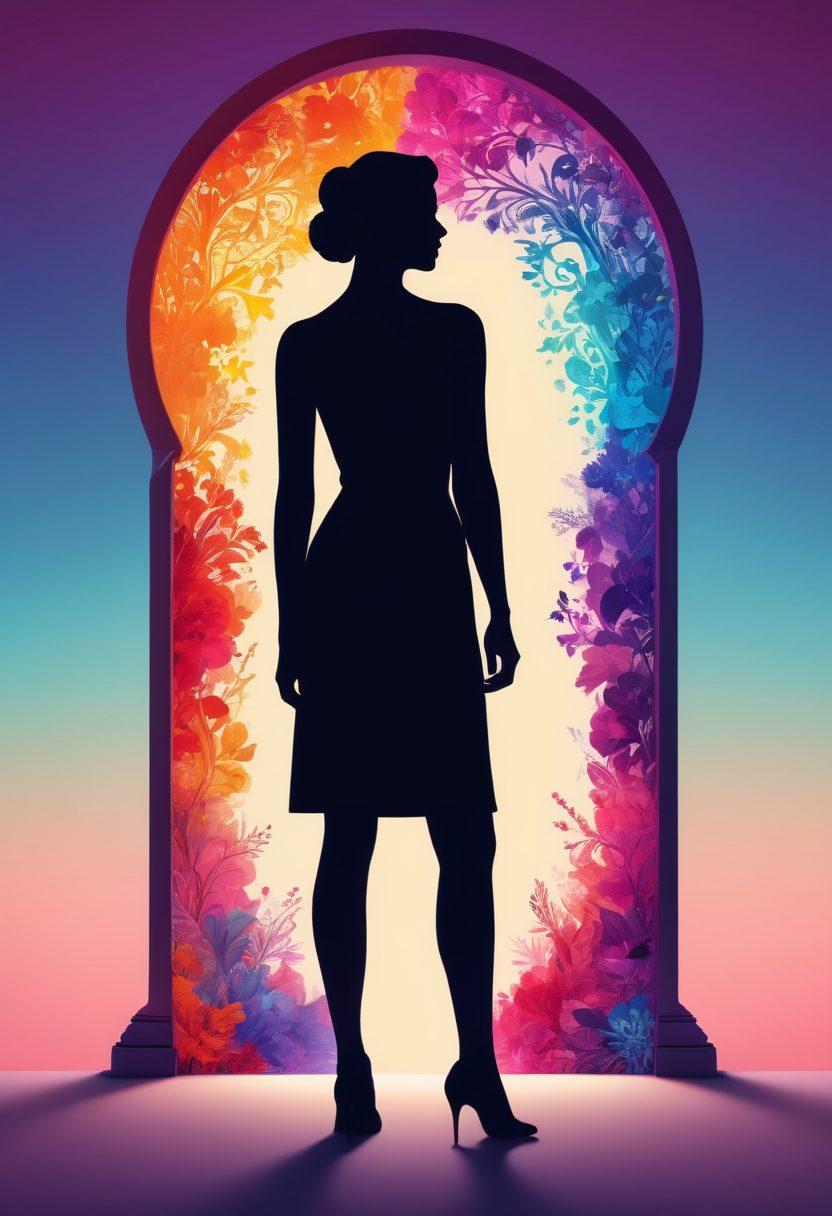 A glowing silhouette of a confident person standing at the threshold of a vibrant, abstract landscape representing various aspects of sexuality and empowerment. Surround them with colorful symbols of knowledge like books and lightbulbs, intertwined with floral elements symbolizing growth. The background transitions from a muted tone to bright, empowering hues that blend empowerment and exploration. minimalistic yet striking. vibrant colors. 3D.