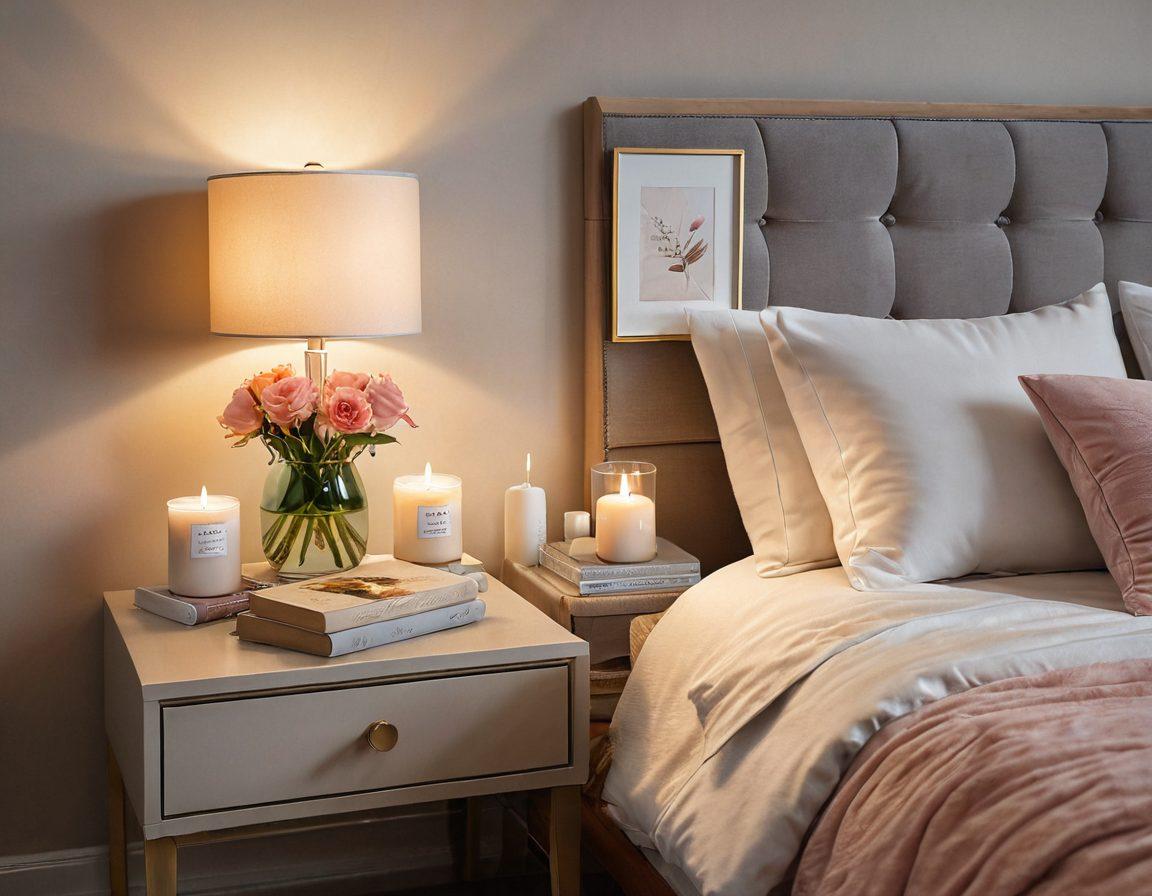 A serene and inviting bedroom scene, featuring soft lighting and plush textures, with a bedside table showcasing empowering books on sexual wellness and intimate lifestyle. Include candles and fresh flowers for a touch of romance, while creating a sense of comfort and exploration. Emphasize a harmonious color palette of pastels and warm tones. super-realistic. vibrant colors.